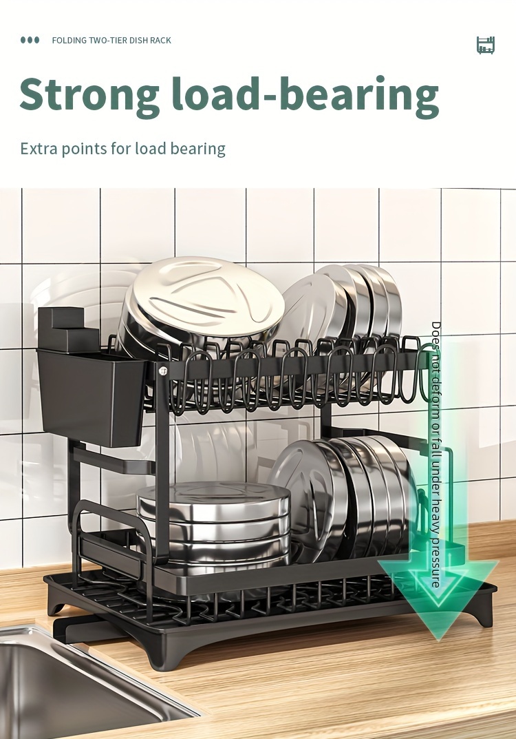 Spacious 2-Tier White Dish Rack with Blue Accents - Multipurpose Kitchen Counter Organizer with Drainboard, Cup Holder & Utensil Slot, Rust-Proof Metal, Space-Saving Design