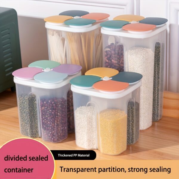 1pc 4 Grids Food Storage Containers With Lids, Clear Airtight Square Food Storage Tank, Multi-grid Moisture-proof Transparent Sealed Fresh-keeping Box, For Cereal, Rice, Pasta, Spice, Tea, Nuts And Beans, Food Jars & Canisters, Home Kitchen Supplies