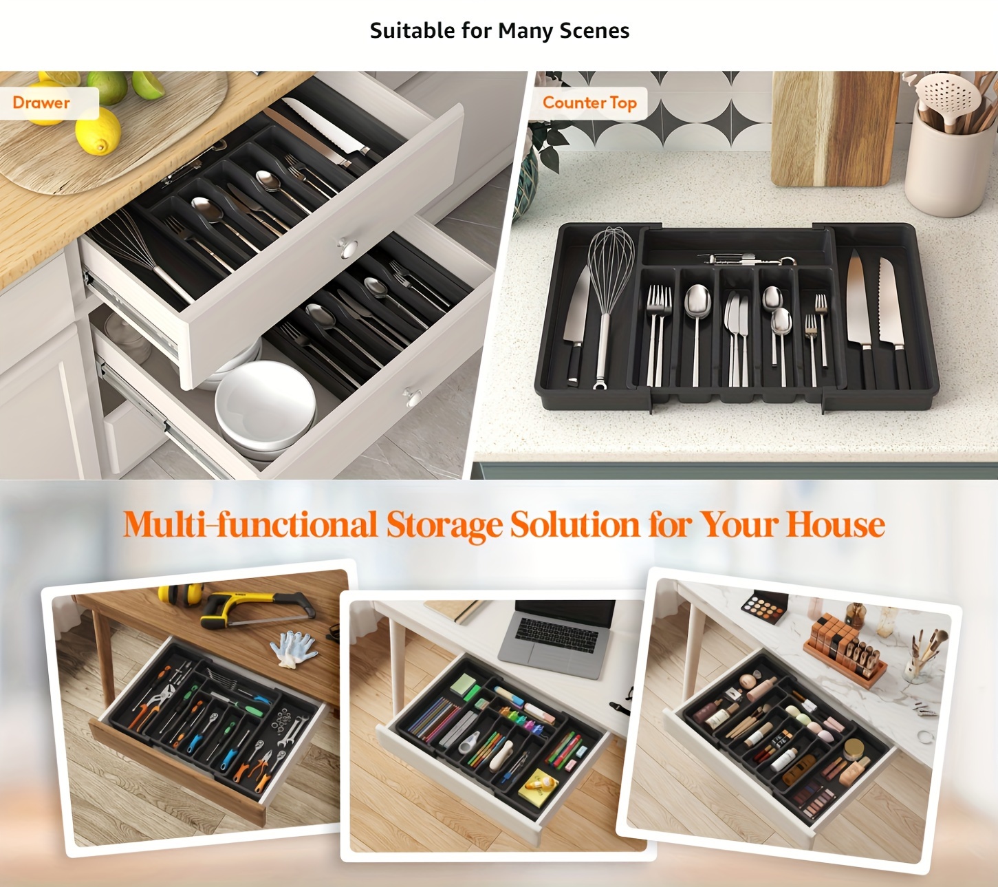 1pc Silveryware Drawer Organizer, Expandable Utensil Tray for Kitchen, Flatware and Cutlery Holder, Adjustable Plastic Storage for Spoons Forks Knives, Large