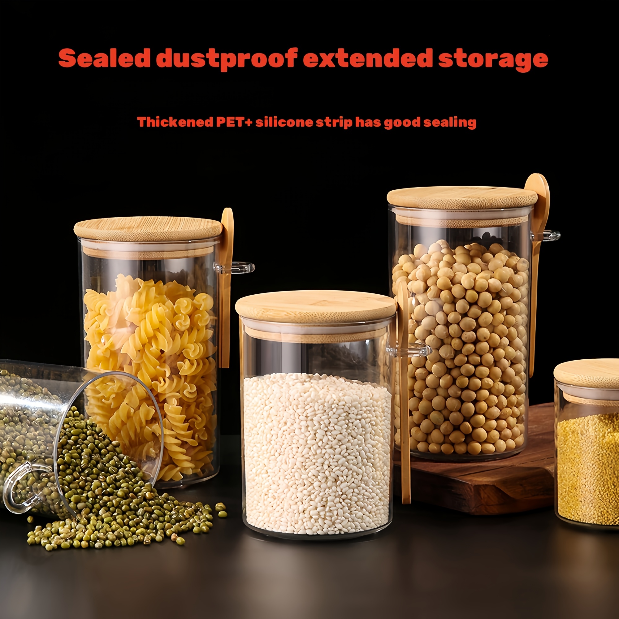 1pc food storage container Sealed jar with bamboo lid - leakproof, with spoon, 200ml, 550ml, 700ml, three sizes, durable square glass jar for kitchen organization - ideal for pasta, flour, grains, rice, sugar, tea, coffee beans