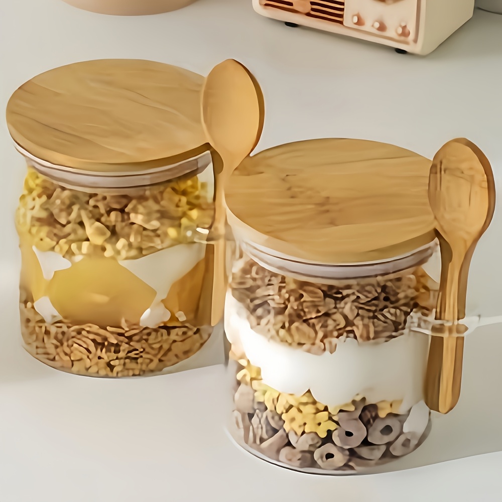 1pc food storage container Sealed jar with bamboo lid - leakproof, with spoon, 200ml, 550ml, 700ml, three sizes, durable square glass jar for kitchen organization - ideal for pasta, flour, grains, rice, sugar, tea, coffee beans