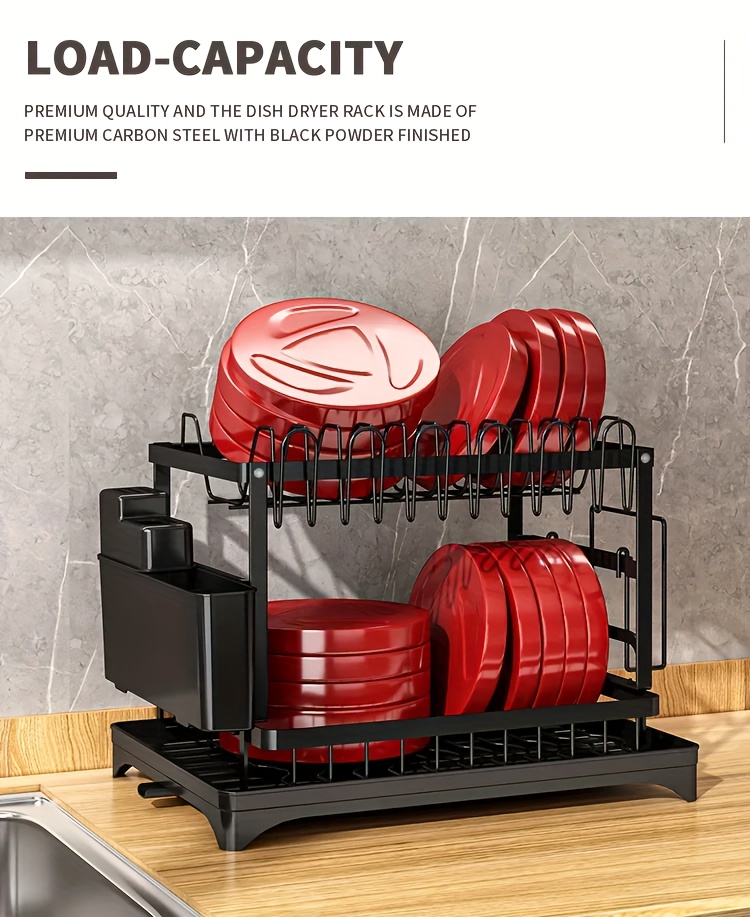 1pc Large Capacity 2-Tier Dish Drying Rack with Drainboard, Double-Layer Bowl & Cup Rack, Detachable Over The Sink Organizer for Kitchen Counter, Black & White - Ideal for Plates, Bowls, Cups & Cutlery Storage, Dish Drying Rack
