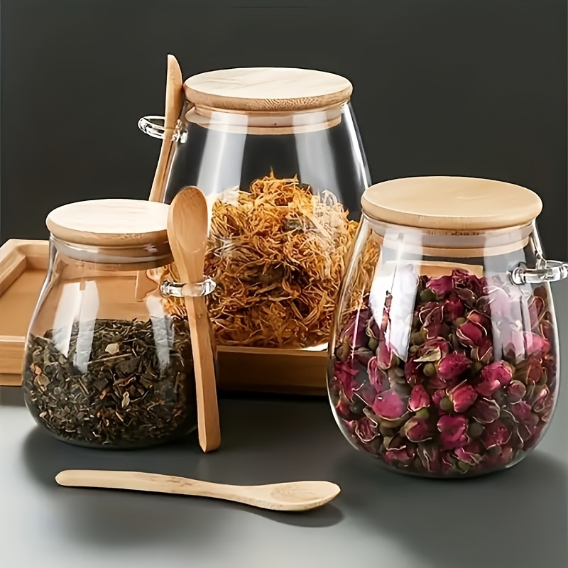 Reusable Glass Storage Jar with Wooden Spoon And Lid - Perfect for Coffee Beans, Sugar, Tea, Salt, Candy, Spice And More - Hand Washable, Leak Proof, And Durable