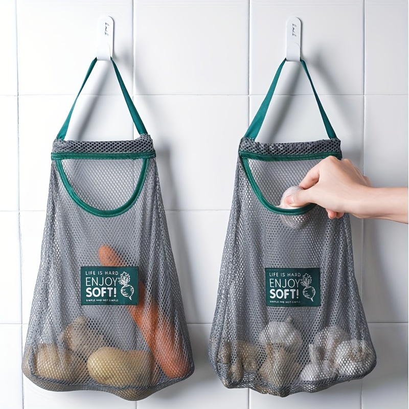 1pc Hanging Mesh Storage Bag with Handle for Fruits and Vegetables, Kitchen Ginger Garlic Food Storage Net Pocket