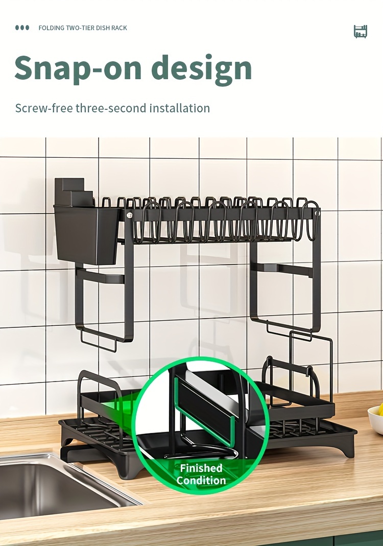 Spacious 2-Tier White Dish Rack with Blue Accents - Multipurpose Kitchen Counter Organizer with Drainboard, Cup Holder & Utensil Slot, Rust-Proof Metal, Space-Saving Design