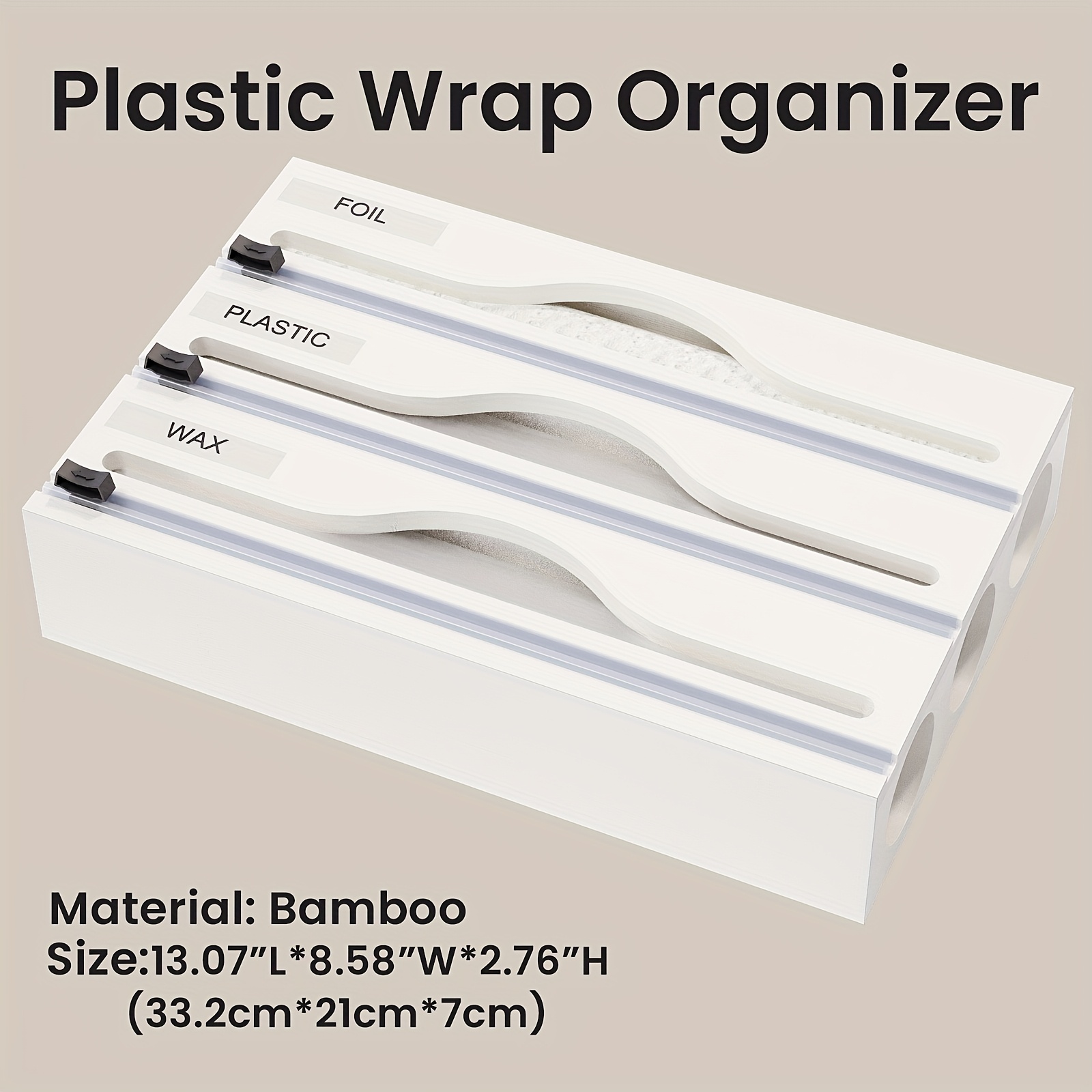 1pc Storage Box, 3 In 1 Bamboo Wrap Organizer With Cutter And Labels, Aluminum Foil Film Storage Dispenser, For Kitchen Drawer, Cabinet, Shelf And Counter, Kitchen Organizers And Storage, Kitchen Accessories