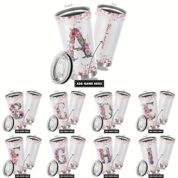 Hsdiokl 20oz Personalized Insulated Stainless Steel Tumbler with Custom Name, Flower Design, 2 Lids - BPA Free, Hand Wash Oval Metal Mug for Multipurpose Use, Ideal for Adults - Keeps Drinks Hot for 6 Hours, Cold for 24 Hours - Reusable Monogrammed Cup for Women, Ideal Gift for Holidays, Birthdays, Weddings