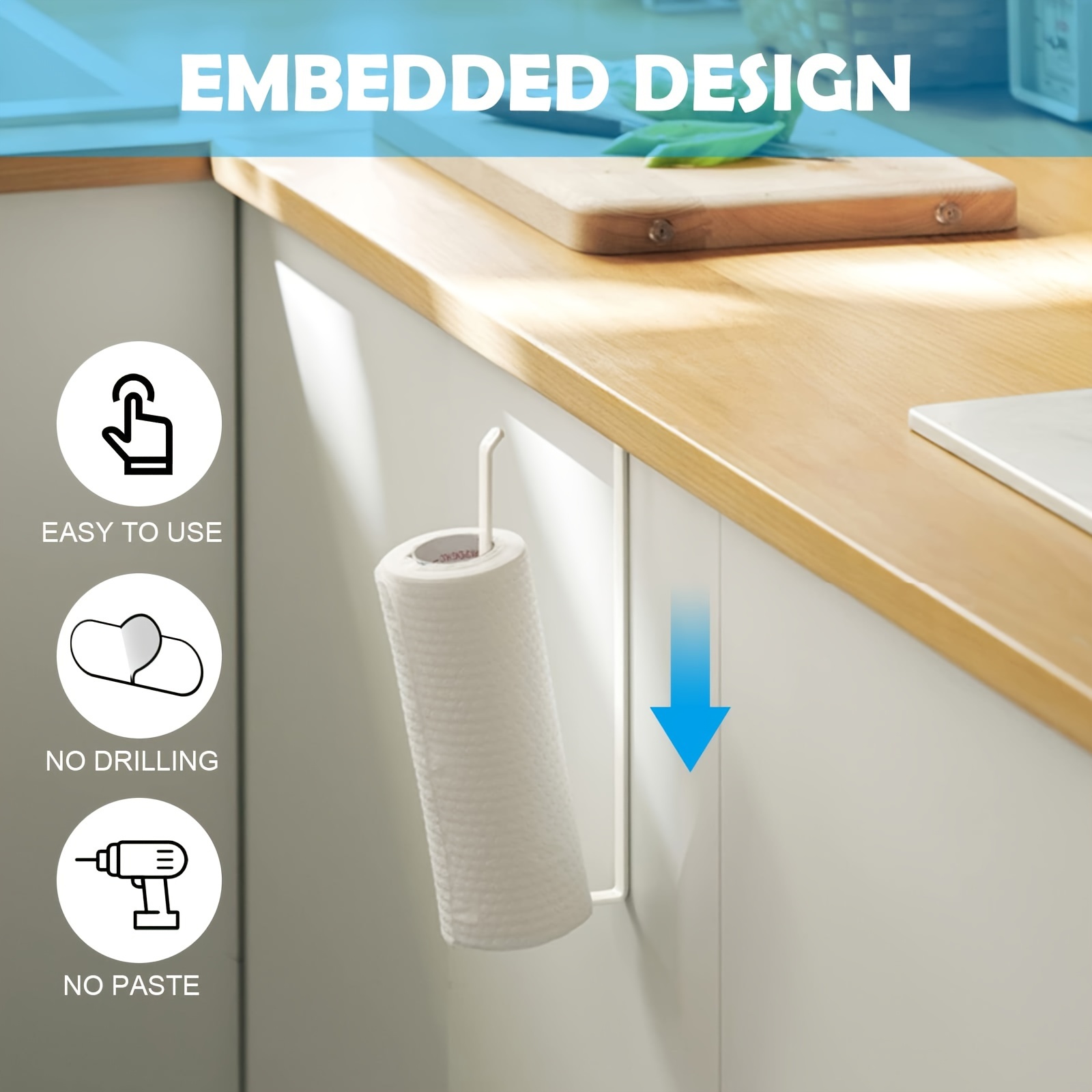 1pc Under Cabinet Kitchen Roll Holder, No Drilling Required, Space Saving, Modern Stainless Steel Paper Towel Rack, Durable Wrought Iron, Thickened Flat Wire With Rounded Edges & Tall Hook Design