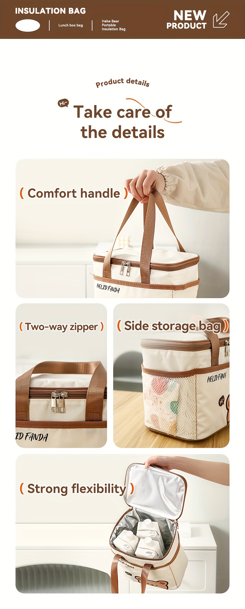 1pc Non-food contact Large Capacity Insulated Lunch Bag - Portable, Dust & Waterproof Bento Box Carrier with Cute Bear Design, Durable Oxford Fabric, Brown Faux Leather Handles & Zipper Closure, Perfect for Students & Adults, Student Lunch Bag | Rectangular Lunch Bag | Durable Lunch Bag