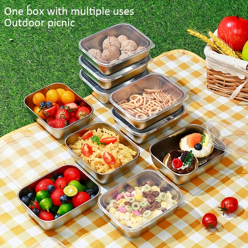 10pcs Stainless Steel Square Food Storage Containers with Flip-Top Lids - Reusable, Dishwasher Safe, Perfect for Fruits, Vegetables, and Meal Prep - Ideal for Kitchen and Outdoor Use, Outdoor Food Storage|Checkered Tablecloth|Durable Kitchenware