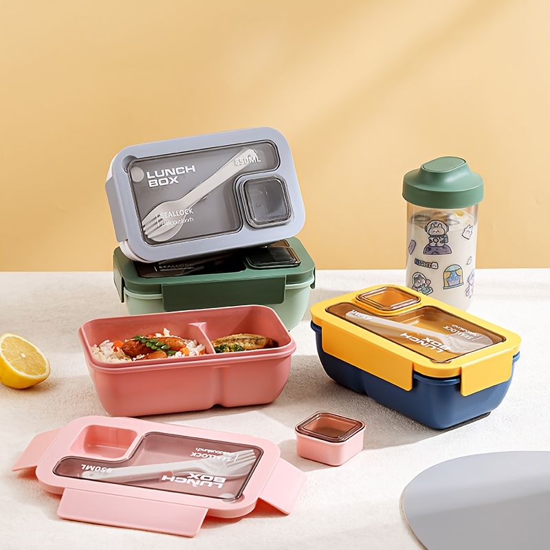 1pc HEART LEAF Lunch Box Set, Casual Style Bento Box with Dividers, Microwave & Dishwasher Safe, Plastic Meal Prep Container with Fork And Spoon, with Lid, for Adult Lunch - Green/Blue/Grey/Pink,Back to School