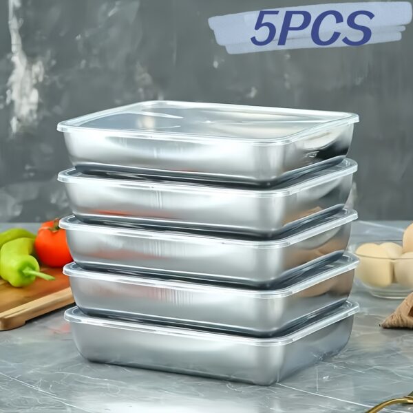 5pcs Stainless Steel Food Storage Containers, Stackable with Sealed Lids, Microwave Safe, Flip Top, Square Shape, for Salad, Fruit, Food Storage, Kitchen Organization, Refrigerator Freshness, Freezer Safe, Multi-purpose Meal Prep