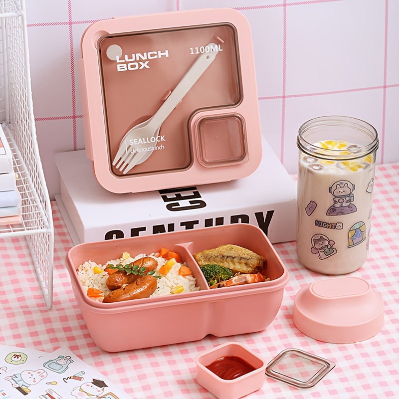 1pc HEART LEAF Lunch Box Set, Casual Style Bento Box with Dividers, Microwave & Dishwasher Safe, Plastic Meal Prep Container with Fork And Spoon, with Lid, for Adult Lunch - Green/Blue/Grey/Pink,Back to School