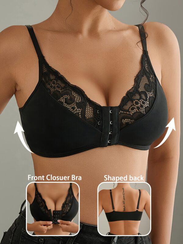 1pc Elegant Black Lace-Trimmed Wireless Bralette with Front Closure, Breathable & Seamless Light Support for Spring/Summer, No-Pad Comfort Fit, Backless Design, Lace Trim Detail