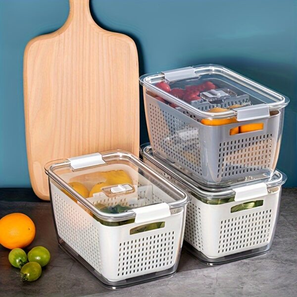 2/4pcs Storage Box, Multifunctional Leak-proof Reusable Food Storage Box, Double-layer Fresh-keeping Box Drain Basket, with Lid, Stackable Large Food Sealed Box, Suitable for Meat, Fruits and Vegetables, Kitchen Storage Box, Kitchen Accessories, Storage Bins for Home Organization