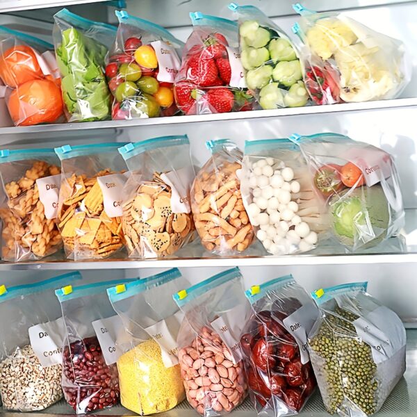 10pcs Reusable Kitchen Storage Bags with Sliding Zipper - Clear Plastic Food Organizer for Fruits, Vegetables, Snacks, Grains & Travel Essentials, Labeled for Easy Identification, Perfect for Fridge & Pantry Organization, Snack Preservation | Transparent Design | Visible Content Storage, Kitchen Organizers And Storage