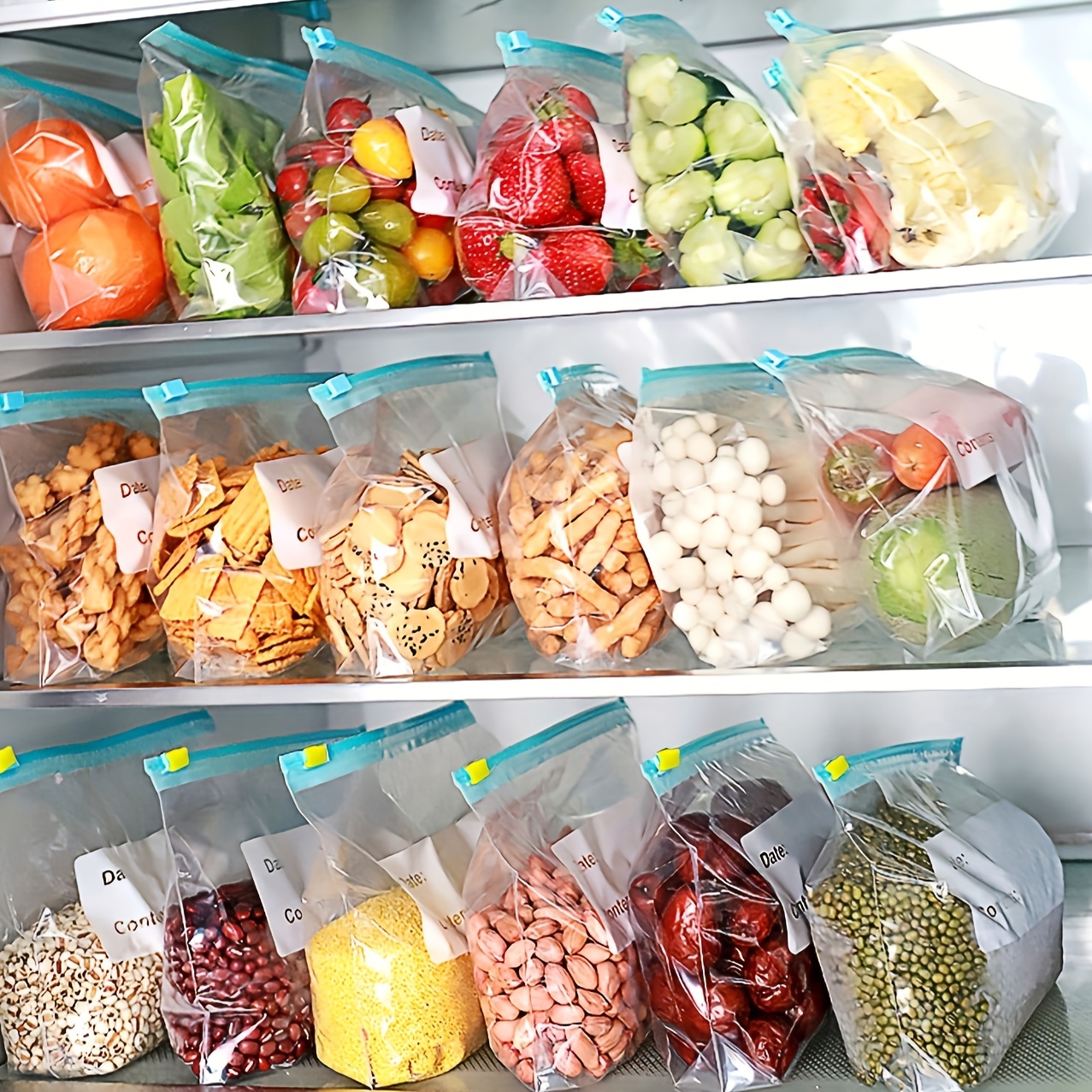 10pcs Reusable Kitchen Storage Bags with Sliding Zipper - Clear Plastic Food Organizer for Fruits, Vegetables, Snacks, Grains & Travel Essentials, Labeled for Easy Identification, Perfect for Fridge & Pantry Organization, Snack Preservation | Transparent Design | Visible Content Storage, Kitchen Organizers And Storage