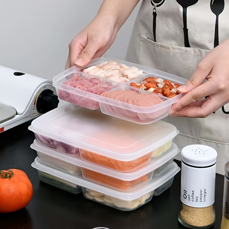 4-Compartment Reusable Food Storage Box with Lid – Clear Plastic Organizer for Fruits, Meats, and Vegetables, Perfect for Refrigerator Organization and Meal Prep, Vegetable Storage