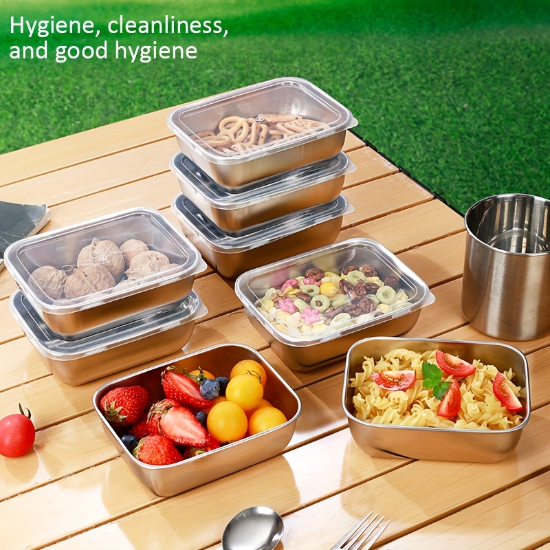 10pcs Stainless Steel Square Food Storage Containers with Flip-Top Lids - Reusable, Dishwasher Safe, Perfect for Fruits, Vegetables, and Meal Prep - Ideal for Kitchen and Outdoor Use, Outdoor Food Storage|Checkered Tablecloth|Durable Kitchenware