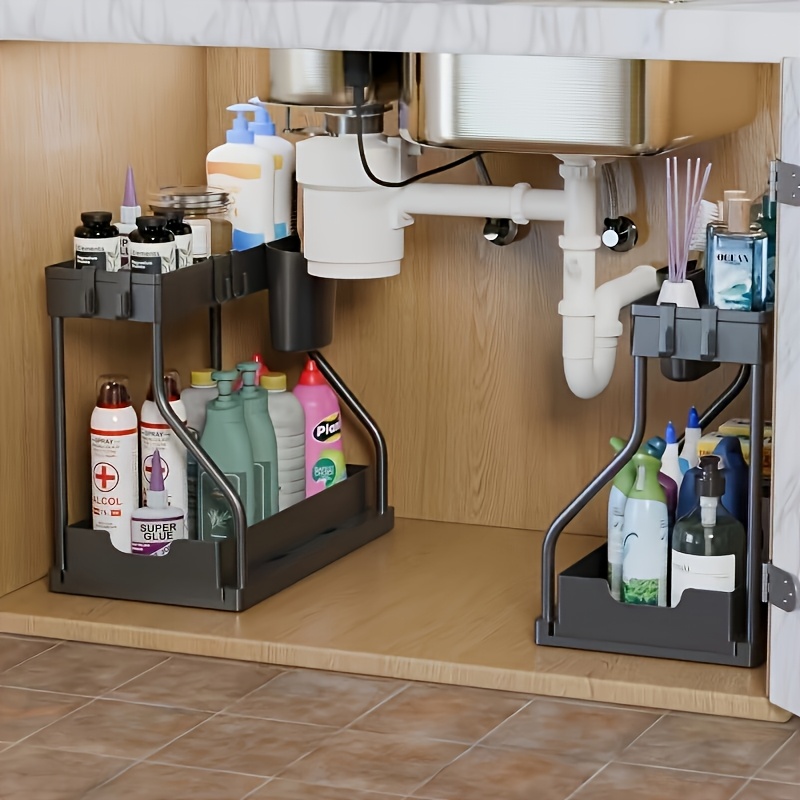 Two-Tier Black And White Under-Sink Storage Organizer with Sliding Drawers, Suitable for Various Uses in The Bathroom Or Kitchen.