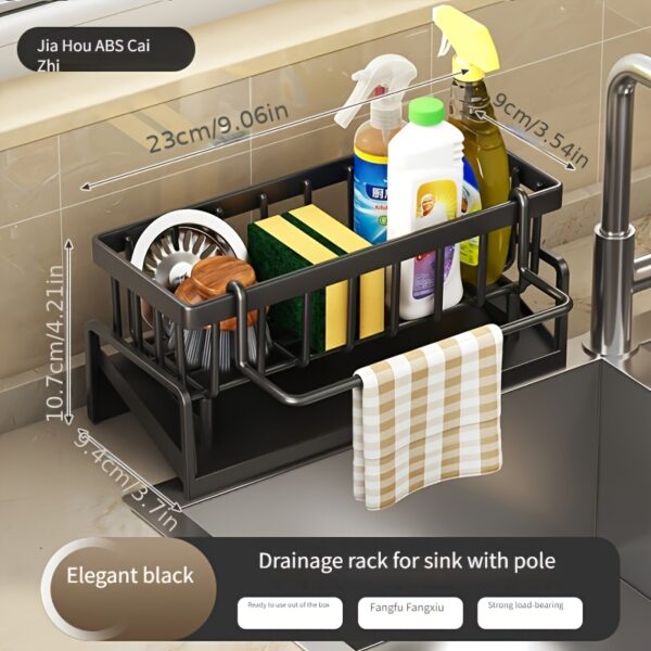 Multifunctional Kitchen Organizer Rack with Drainage Rack & Sponge Holder - Space-Saving Countertop Storage Shelf for Cleaning Supplies, Sponges, Bottles - Durable Plastic, Elegant Black, 23.01x23.01x25.55cm, Sink Area Tidy, Sleek Storage Solution, Easyclean Material