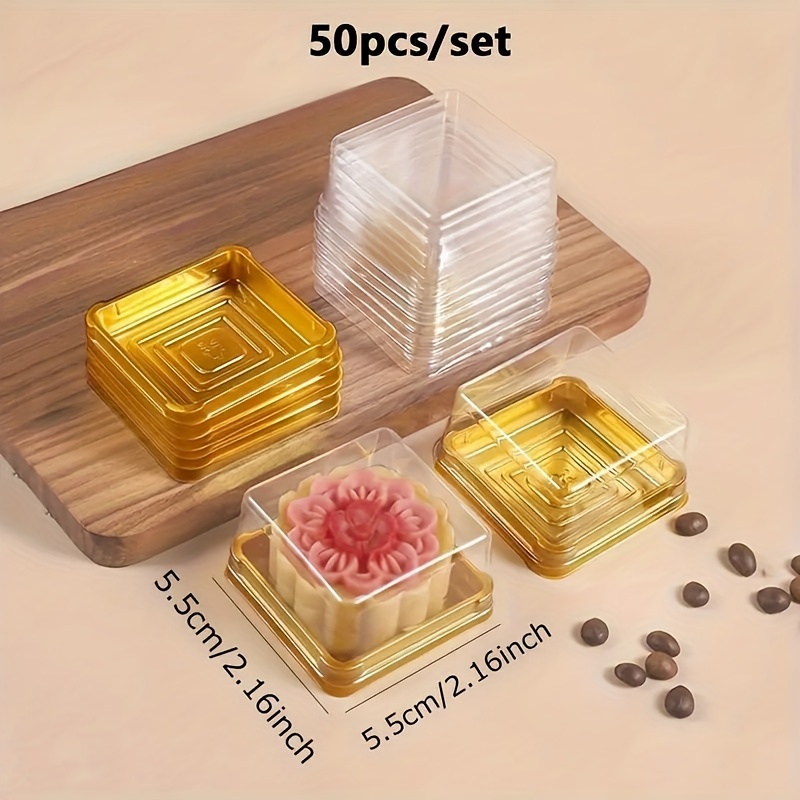 50pcs Disposable Golden Square Cake Packaging Box - Luxurious Gift Cake Box with Mooncake Insert and Sturdy Thickened Baking Blister Construction - Perfect for Mothers Day, Fathers Day, Wedding Party, Birthday Celebrations and Small Cake Gifting