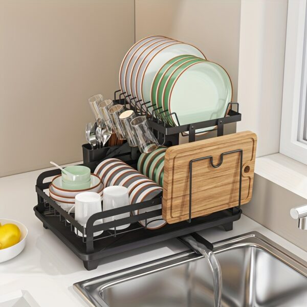 1pc Dish Drying Rack For Kitchen Countertop, Double Layers Large Capacity Dish Drying Rack With Drainboard Steel, Dish Drainer With Drainage Utensil Holder, For Dish, Knifes, Cup, Cutting Board (41.4 * 28.96 * 27.43cm), Kitchen Supplies
