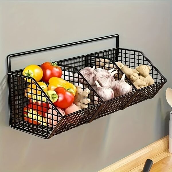 Cop Rose Modern Wall-Mounted Kitchen Storage Basket, Durable Carbon Steel Wire Organizer for Spices, Garlic, Onions & Vegetables, Black, Food-Contact Safe, Home Organization