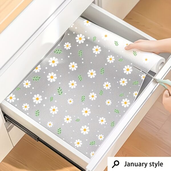 1 Roll EVA Shelf Liner with Fresh Floral Design - Non-Slip, Moisture-Proof, Dust-Proof, Oil-Resistant for Kitchen, Wardrobe, Shoe Cabinet - Easy to Cut & Clean