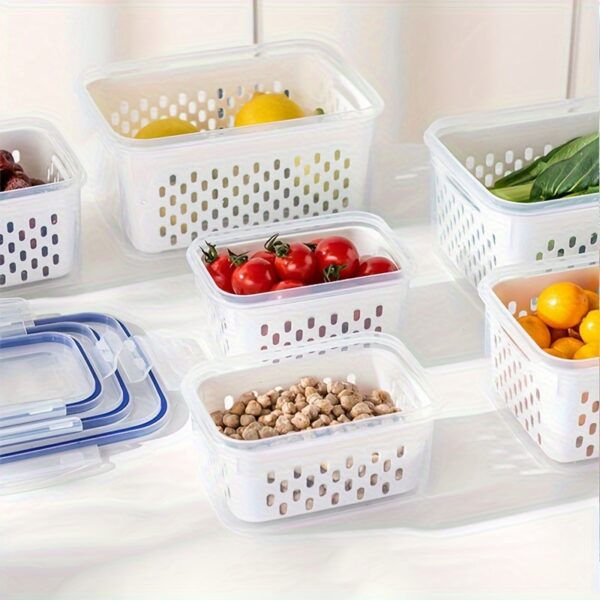 1-Set Stackable Refrigerator Food Storage Organizer with Drain Basket - Clear, Reusable Polypropylene Bins for Fruits, Vegetables, Meats, and Grains - Kitchen Organization Accessories, Produce Saver|Clear Basket|Reusable Container