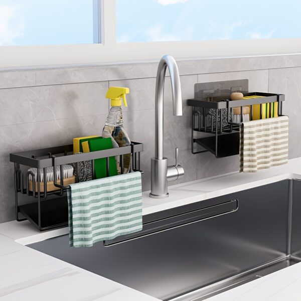 Versatile Kitchen Sink Organizer with Towel Rack - Metal Sponge Holder, Dish Soap Caddy & Self-Draining Tray - Black and White
