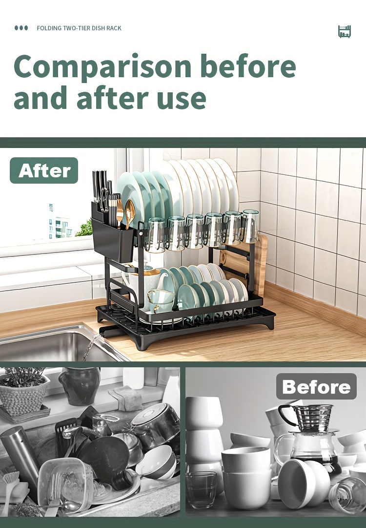 Spacious 2-Tier White Dish Rack with Blue Accents - Multipurpose Kitchen Counter Organizer with Drainboard, Cup Holder & Utensil Slot, Rust-Proof Metal, Space-Saving Design