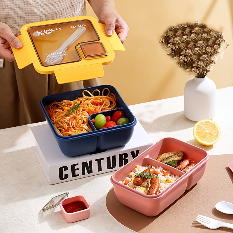 1pc HEART LEAF Lunch Box Set, Casual Style Bento Box with Dividers, Microwave & Dishwasher Safe, Plastic Meal Prep Container with Fork And Spoon, with Lid, for Adult Lunch - Green/Blue/Grey/Pink,Back to School