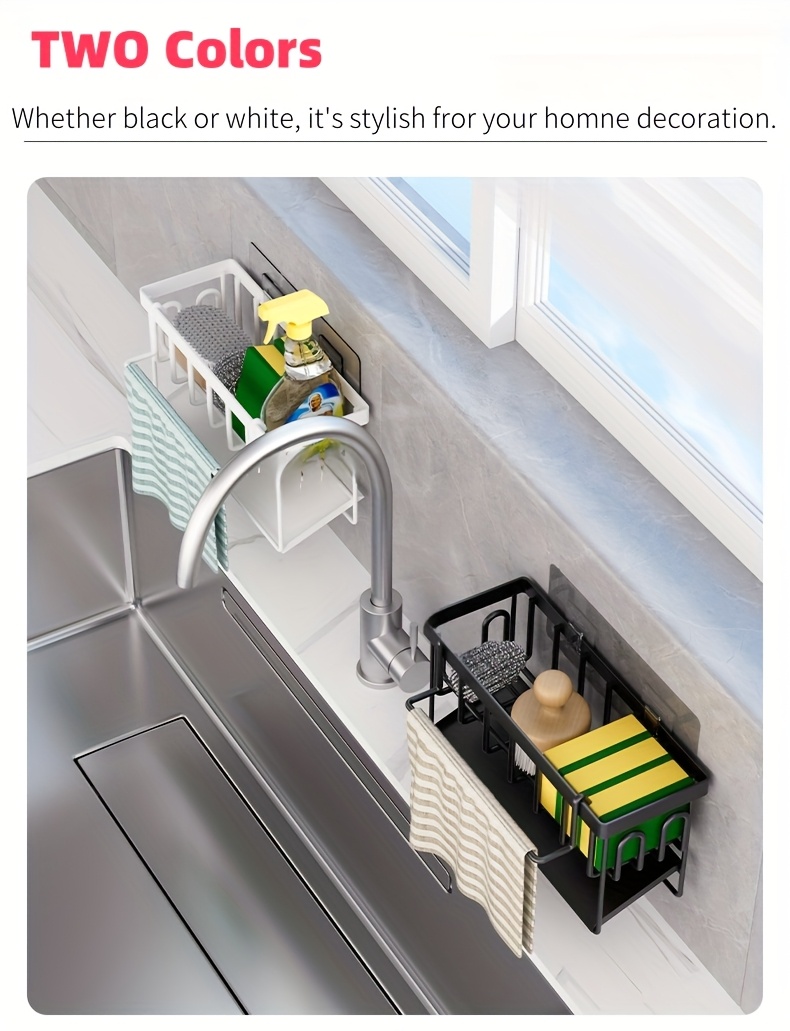 Versatile Kitchen Sink Organizer with Towel Rack - Metal Sponge Holder, Dish Soap Caddy & Self-Draining Tray - Black and White