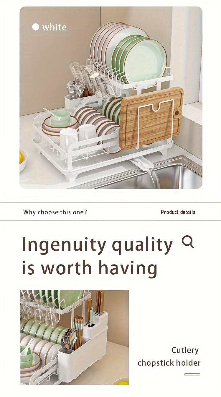 1pc Dish Drying Rack For Kitchen Countertop, Double Layers Large Capacity Dish Drying Rack With Drainboard Steel, Dish Drainer With Drainage Utensil Holder, For Dish, Knifes, Cup, Cutting Board (41.4 * 28.96 * 27.43cm), Kitchen Supplies