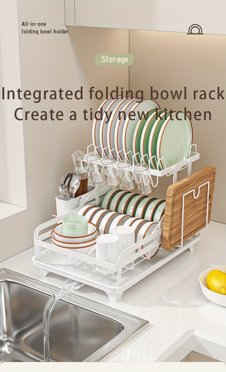 1pc Dish Drying Rack For Kitchen Countertop, Double Layers Large Capacity Dish Drying Rack With Drainboard Steel, Dish Drainer With Drainage Utensil Holder, For Dish, Knifes, Cup, Cutting Board (41.4 * 28.96 * 27.43cm), Kitchen Supplies