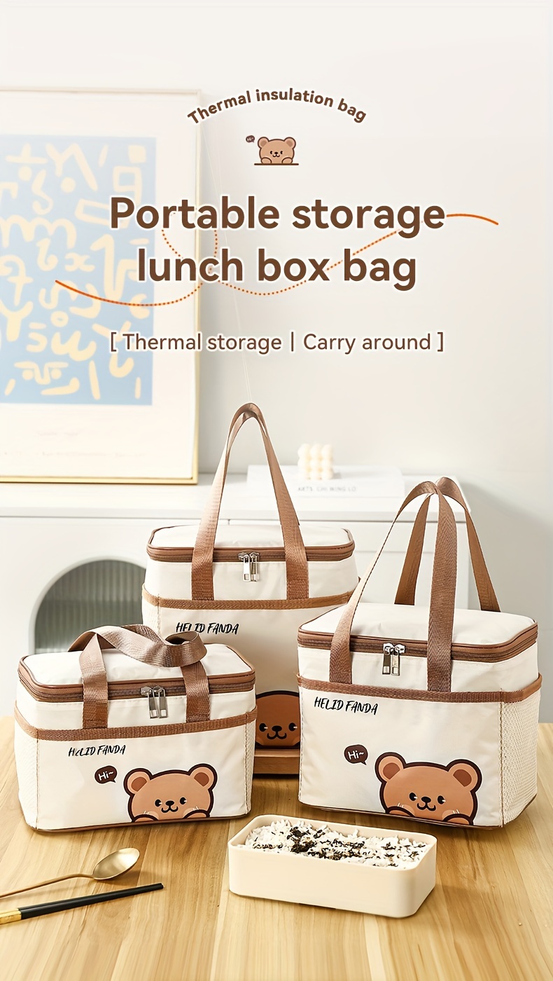 1pc Non-food contact Large Capacity Insulated Lunch Bag - Portable, Dust & Waterproof Bento Box Carrier with Cute Bear Design, Durable Oxford Fabric, Brown Faux Leather Handles & Zipper Closure, Perfect for Students & Adults, Student Lunch Bag | Rectangular Lunch Bag | Durable Lunch Bag