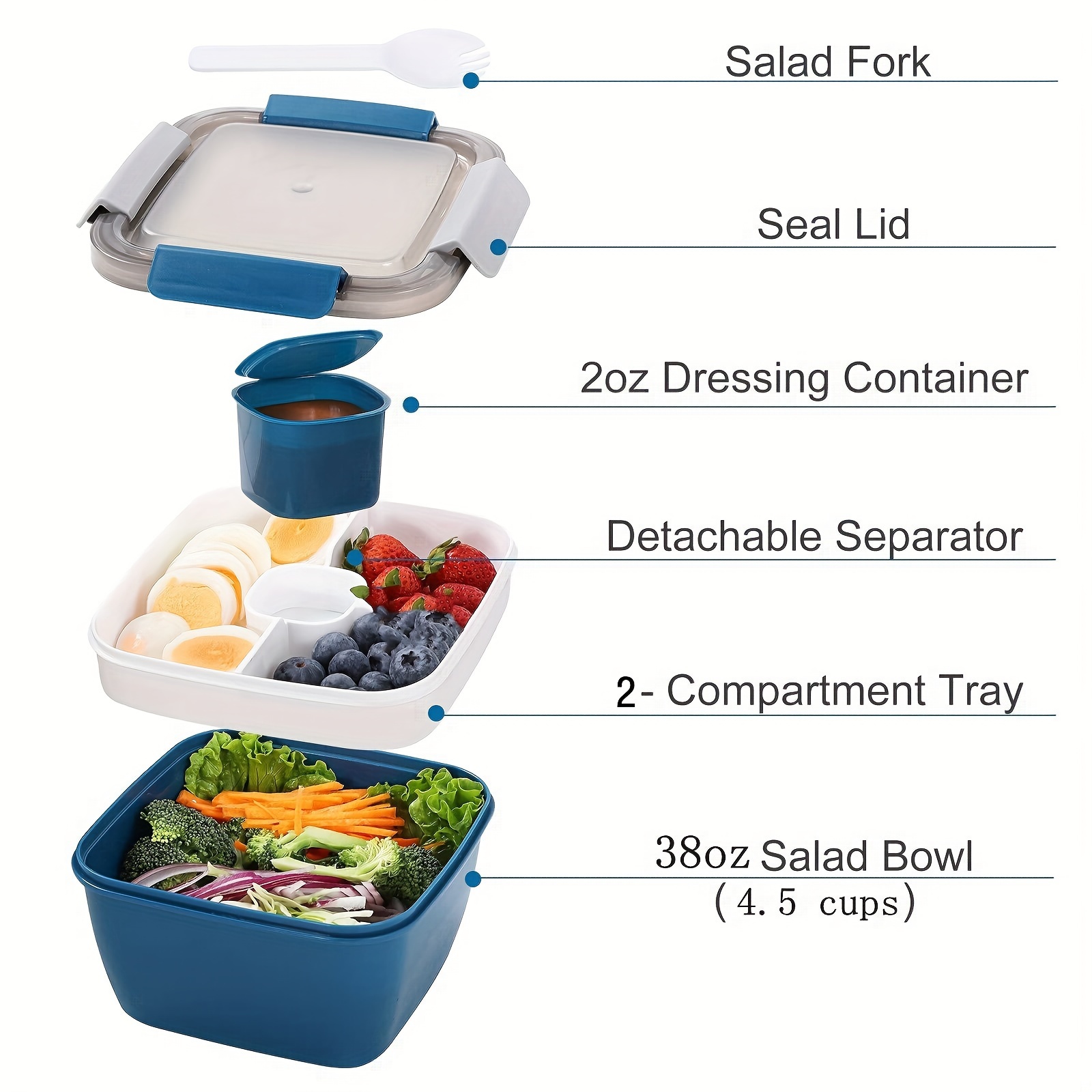 1pc Salad Box 1100ML, Portable Salad Lunch Container, 2 Compartments with Dressing Cup, Large Bento Boxes, Meal Prep to Go Containers for Food Fruit Snack,Back to School