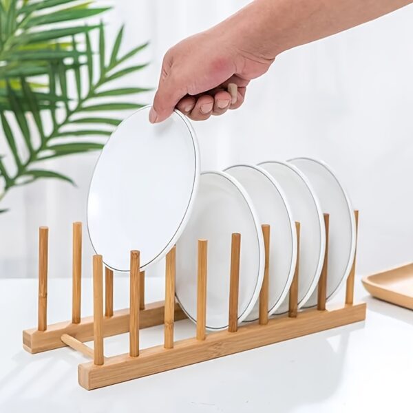 1pc Bamboo Plate and Bowl Drying Rack, Freestanding Wooden Dish Drainer Organizer, Vertical Cup and Board Dryer Storage Holder, with No Electricity Needed for Kitchen