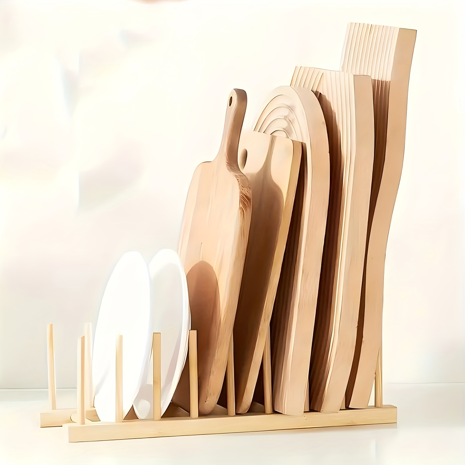 1pc Bamboo Plate and Bowl Drying Rack, Freestanding Wooden Dish Drainer Organizer, Vertical Cup and Board Dryer Storage Holder, with No Electricity Needed for Kitchen