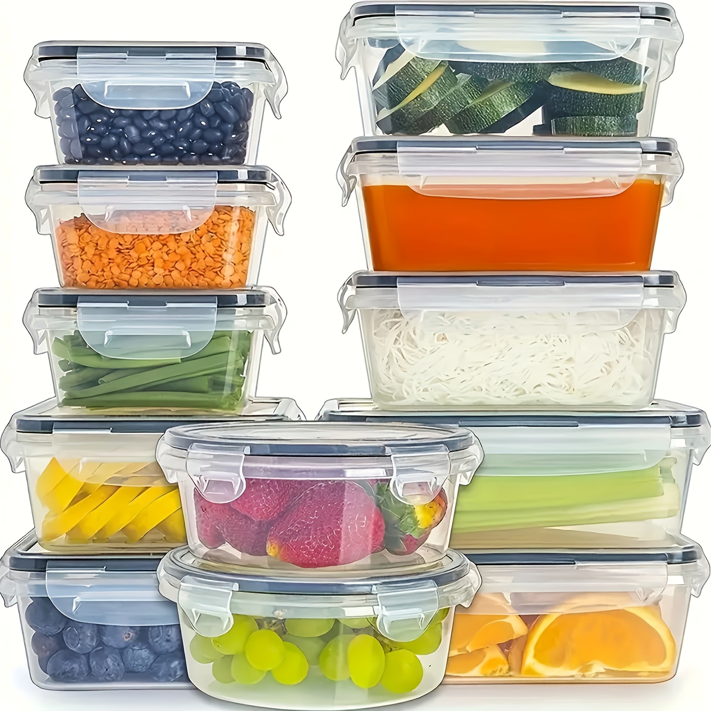 12pcs Airtight Plastic Storage Containers Set - Food Grade, Microwave & Dishwasher Safe, Stackable with Latch Closure, Perfect for Fruits, Vegetables, Meats, Eggs, and More, Kitchen Essentials|Stackable Containers|Secure Latch Closure, Storage Containers for Kitchen