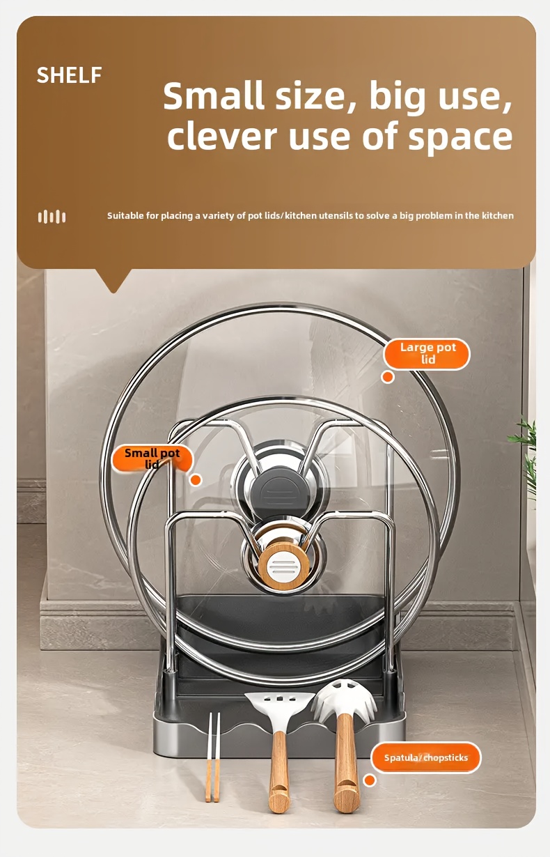 Kitchen lid rack with light and minimalist design for high-end kitchen lid storage. This versatile rack is suitable for pots, pans, frying pans, spatulas and spoons for kitchen and dining room organization and storage for home accessories