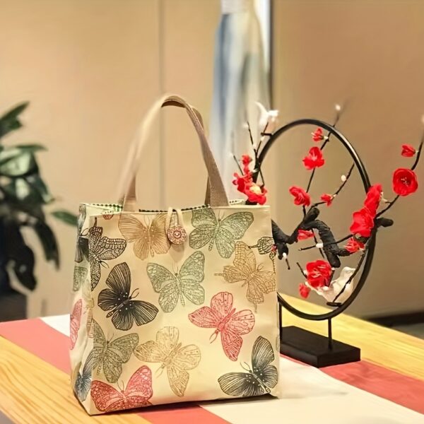 1pc Cartoon Printed Canvas Lunch Box Bag, Japanese Style Bento Tote, Office Worker Handbag, Lunch Pocket, Mommy Takeout Bag, Button Color Random, Non-Food Contact.,Back to School Lunch Bag