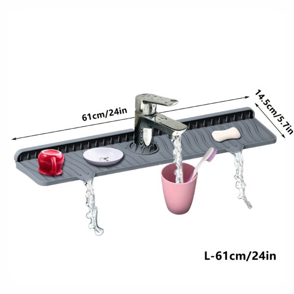 1pc Silicone Drainage Mat with Soap Dish - Non-Slip, Foldable, Waterproof, Anti-Splash Kitchen & Bathroom Sink Mat for Faucets, 60.96cm Long, 36.83cm Wide, White with Gray Border, Soap Dish | Modern Sink Mat | Durable Drainage Mat, Bathroom Sink Mat