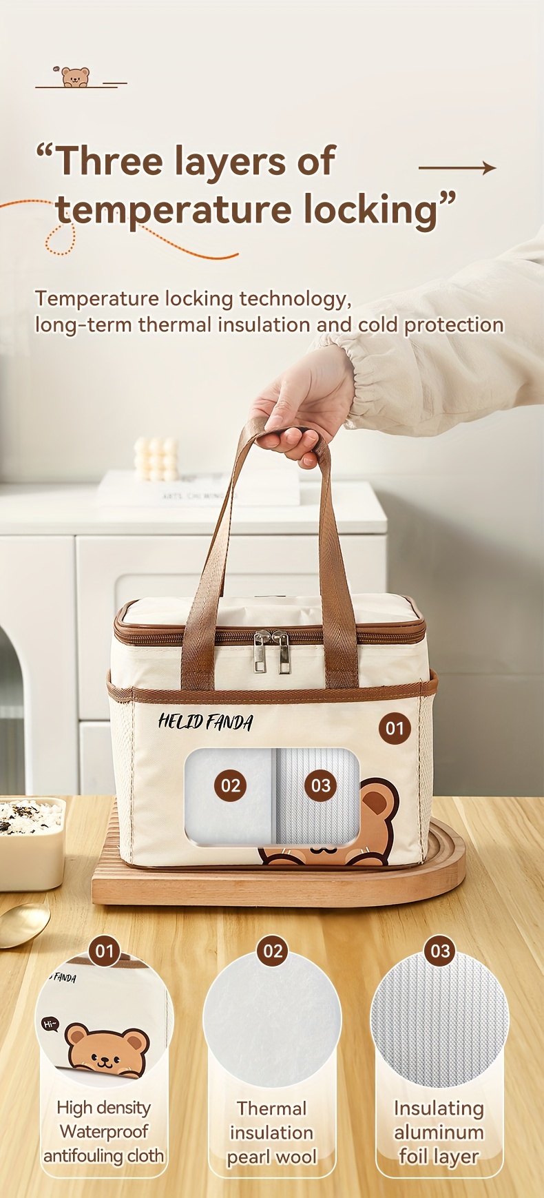 1pc Non-food contact Large Capacity Insulated Lunch Bag - Portable, Dust & Waterproof Bento Box Carrier with Cute Bear Design, Durable Oxford Fabric, Brown Faux Leather Handles & Zipper Closure, Perfect for Students & Adults, Student Lunch Bag | Rectangular Lunch Bag | Durable Lunch Bag