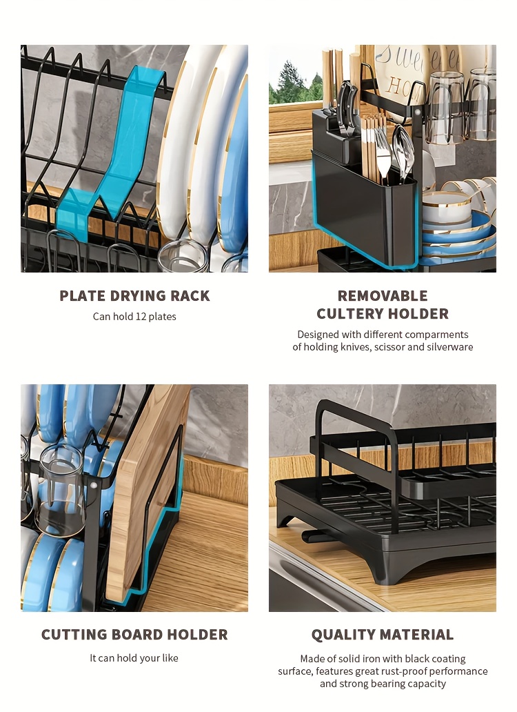 1pc Large Capacity 2-Tier Dish Drying Rack with Drainboard, Double-Layer Bowl & Cup Rack, Detachable Over The Sink Organizer for Kitchen Counter, Black & White - Ideal for Plates, Bowls, Cups & Cutlery Storage, Dish Drying Rack