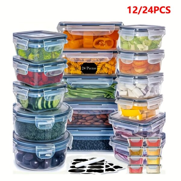 Kitchen Airtight Container 12/24pcs Set, Food Grade Plastic Jars, BPA FREE Refrigerator Fresh-keeping Box, Dishwasher Microwave Safe, Fruit Vegetable Storage