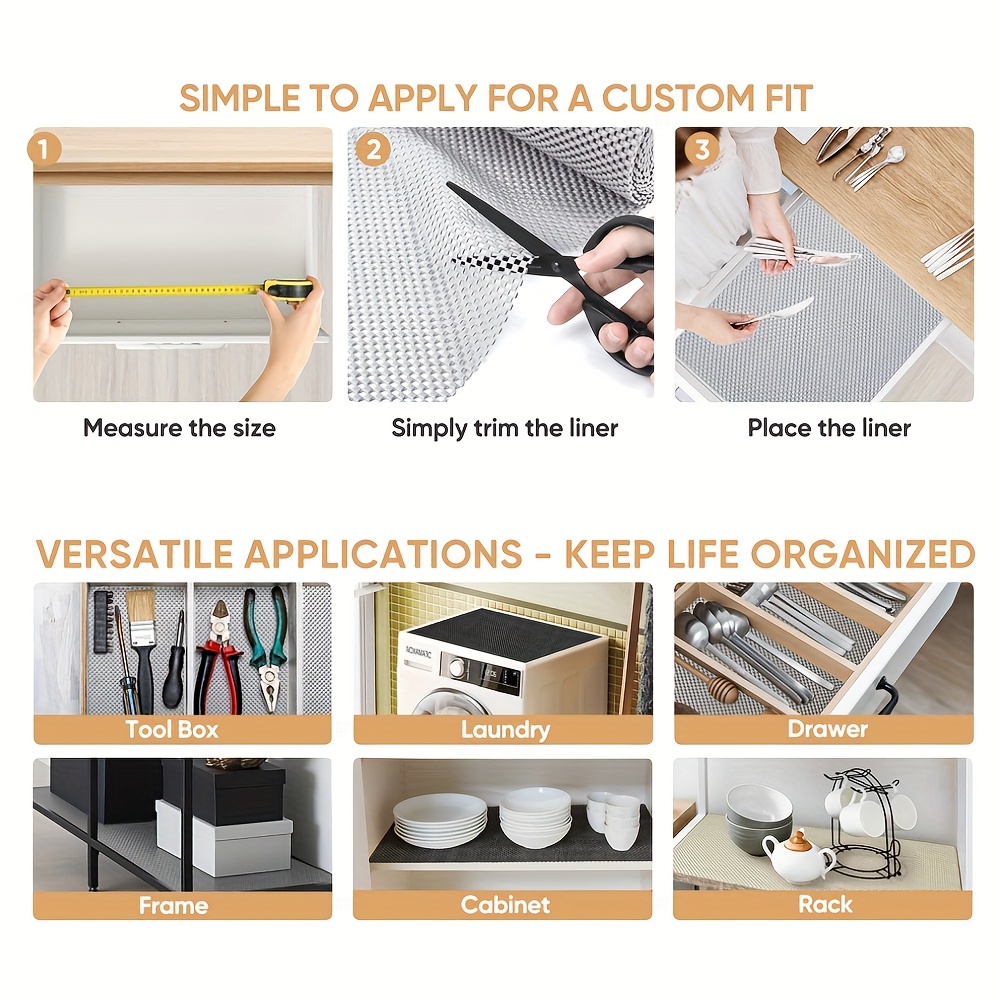 Non-Slip Cabinet and Drawer Liners – Black, White & Beige Plastic Mats for Kitchen, Shelves, Desks, and More – Cushioned Protection, Easy to Clean, Versatile Use for Cabinets, Drawers, and Tableware