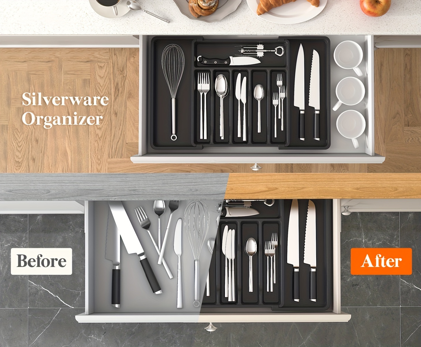 1pc Silveryware Drawer Organizer, Expandable Utensil Tray for Kitchen, Flatware and Cutlery Holder, Adjustable Plastic Storage for Spoons Forks Knives, Large