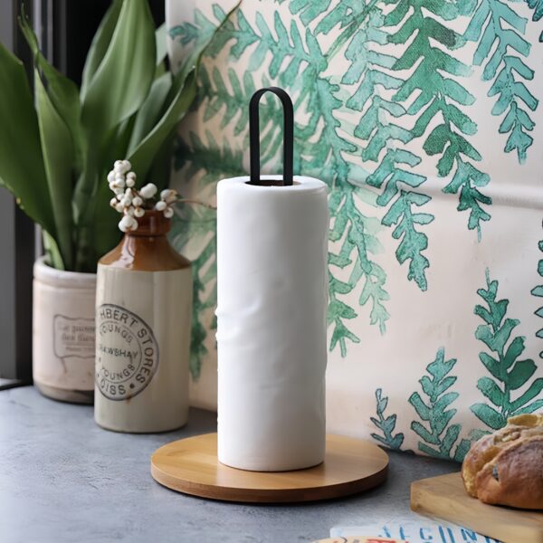 1pc Black Bamboo & Metal Kitchen Paper Towel Holder - Countertop Vertical Storage Rack for Tissues, Oil-Absorbing Paper, and Hand Towels